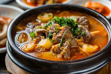 Korean cuisine including beef dishes gomtang crucible soup boiled pork beef tail and various side dishes like salted squid and kkakdugi