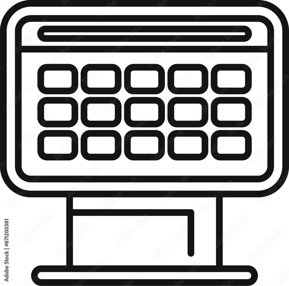 Poster line art icon of an interactive information kiosk displaying a grid layout with a navigation bar
