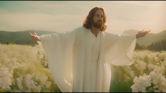 Jesus in a white robe is standing in a field of flowers. He is holding his arms out to the side, as if he is reaching out to something. The scene is peaceful and serene