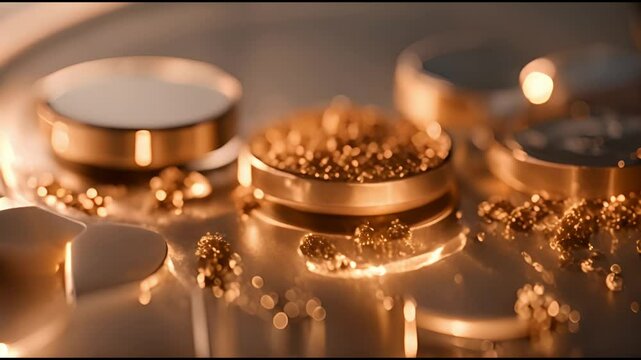 A close up of gold coins and beads. The gold coins are arranged in a circle and the beads are scattered around them