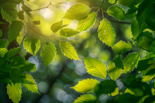 Spring green leaves in sunlight on a blurred nature background, a spring season banner with beech tree foliage.