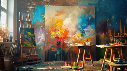 Obraz premium Vibrant Inspiration: Creative Artist's Studio with Abstract Painting Background Sparking Creativity and Imagination