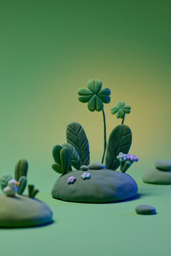 Childhood theme with green plants and flowers exotic.
