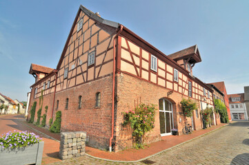 Old houses of the German town Ueckermunde built of wattle and daub and half-timbered wall