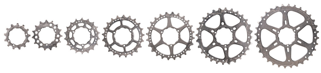 Rear bicycle gear sprockets shown unfolded against an isolated background.