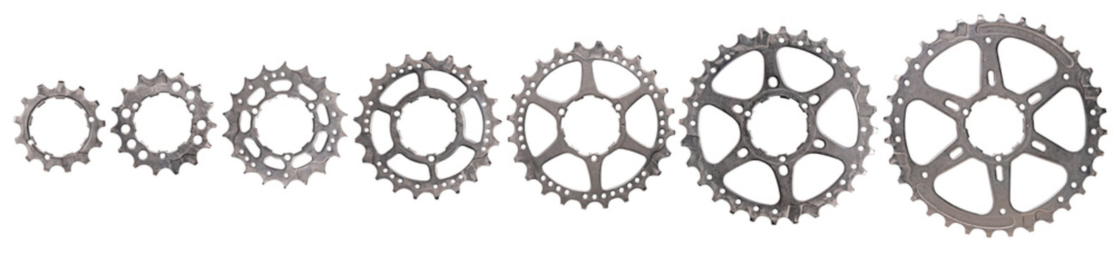 Rear bicycle gear sprockets shown unfolded against an isolated background.