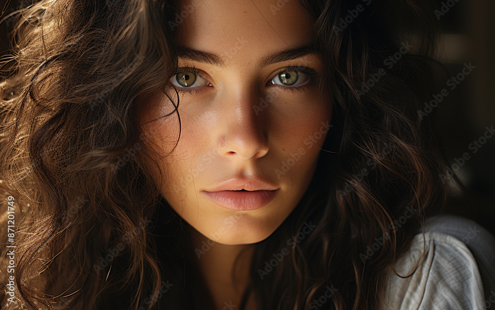 Wall mural a close-up shot of a young woman with long, dark, curly hair and piercing green eyes. the womans fac