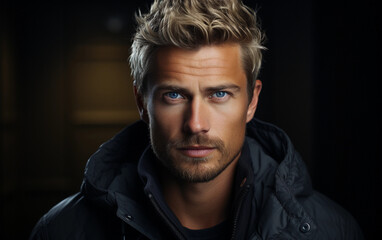 Obraz premium A close-up portrait of a handsome blonde man with blue eyes, captured against a dark background