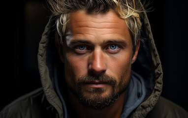 A close-up portrait of a handsome man with blonde hair, blue eyes, and a goatee. He is wearing a hooded jacket and looking directly at the camera