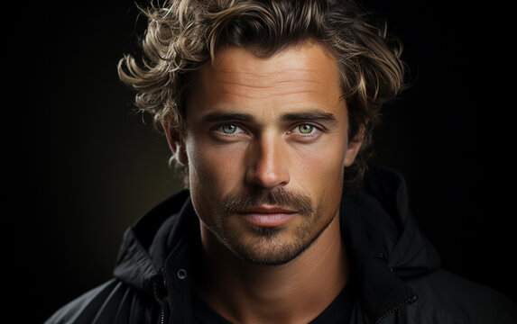 A close-up portrait of a handsome blonde man with green eyes, looking directly at the camera. He has a light beard and a slight smile. The image is taken against a black background