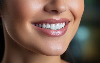 Fototapeta premium A close-up shot of a womans smiling mouth, showcasing her bright white teeth