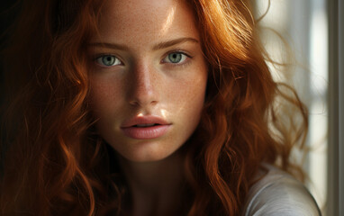 Naklejka premium A closeup portrait of a young woman with long, red, curly hair. She is looking directly at the camera, and the sunlight is catching her face