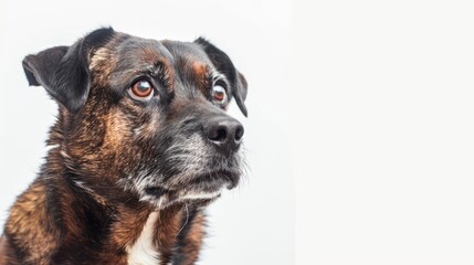 Serious mixed breed canine portrait with white background and space for text