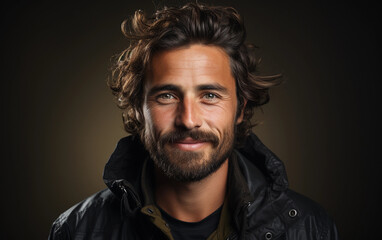 Fototapeta premium A close up portrait of a man with a dark beard, wearing a black jacket. He is looking at the camera with a smile on his face