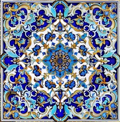 Tiled background with oriental ornaments. Blue Islamic tile wallpaper or mural background. High quality AI generated image