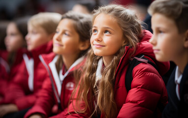 Obraz premium A group of elementary school students wearing red jackets listen intently to their coach before a basketball game