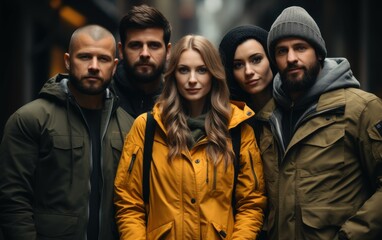 Fototapeta premium A group of four friends, diverse in appearance, stand close together in a city setting, all wearing warm, winter jackets