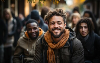 Obraz premium A man with a beard and an orange scarf smiles broadly while walking in a crowd during a day in autumn