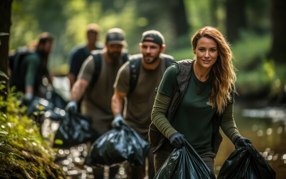 A group of young adults walk along a forest path, picking up trash in black garbage bags. They are actively participating in a community cleanup initiative