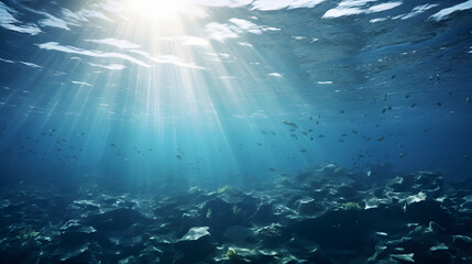 Naklejka premium Sunlit blue depths of the underwater sea