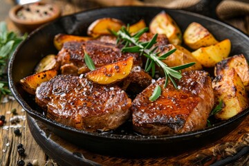 Neck meat pork steaks fried with potatoes on wooden surface