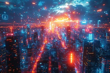 Fototapeta premium Cyberpunk Cityscape with Digital Overlays