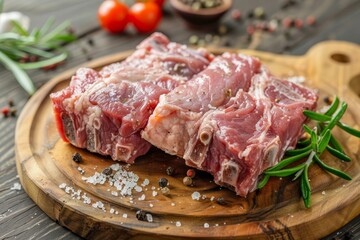 Fototapeta premium Overhead shot of raw pork neck seasoned with salt and pepper on a wooden board