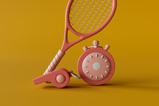 3D Render of Tennis Racket and Stopwatch on Yellow Background