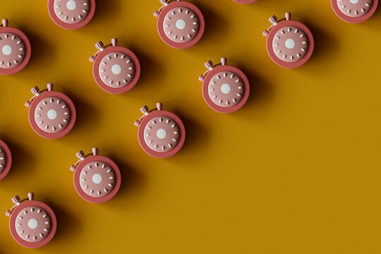 3D Render of Multiple Coral Pink Stopwatches on Yellow Backgroun