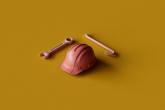 3D Render of Hard Hat with Wrench and Crowbar on Yellow Backgrou