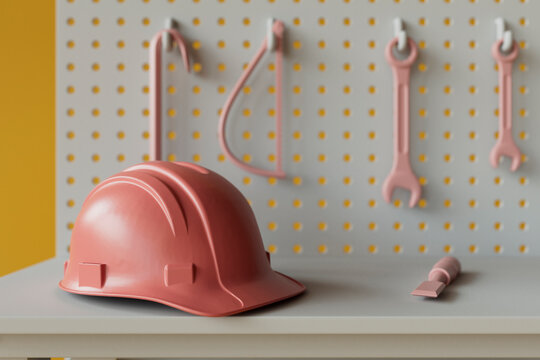 3D Render of Close-Up Workshop Tools and Hard Hat