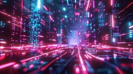 Fototapeta premium Neon Cyberpunk Cityscape - Futuristic Digital Background with Glowing Lights