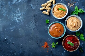 Peanut sauce in bowls on blue stone background with space for text Overhead view