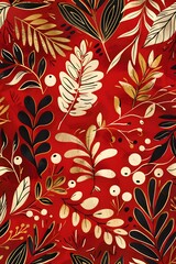 Seamless red and gold abstract Christmas plants pattern