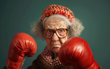 A determined elderly woman wearing red boxing gloves and a patterned headband stands ready to fight