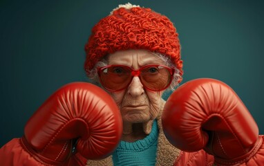 A tough-looking granny wearing red boxing gloves and a red knit hat looks directly at the camera with a determined expression against a teal background