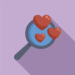 Magnifying glass is showing hearts floating above on a purple background