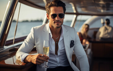 A stylish young man in a white suit sips champagne while looking confidently at the camera. He is on a yacht with a beautiful view of the sea