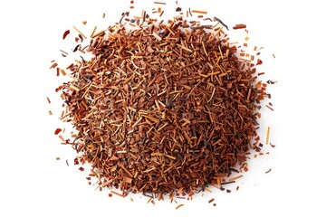 Pile of rooibos tea on white background top down view