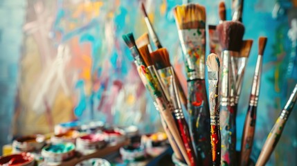 Fototapeta premium Vibrant Artistic Workspace with Paintbrushes and Colorful Palettes for Creative Inspiration