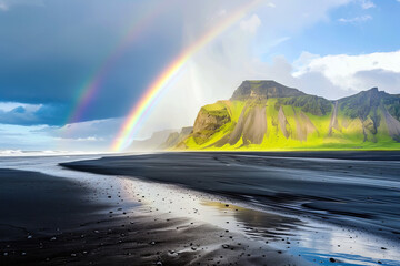A rainbow stretching across the green meadows of the coast with the black sand of the beach
