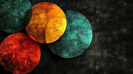  A modern and minimalistic design, overlapping circles in teal and orange, arranged to form a cohesive composition that suggests balance and harmony, The dark background