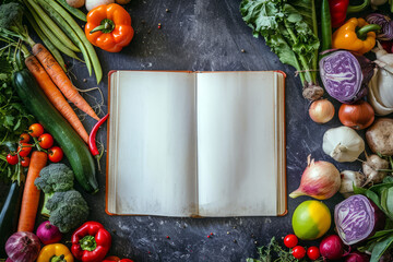 Various fresh vegetables around open blank cookbook with space for recipe, text or inscriptions, top view

