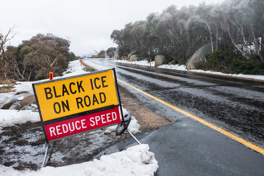 Mount Buffalo National Park. Road with black ice warning sign.