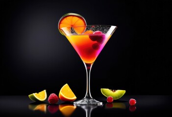 elegant cocktail fruit garnish dark background, alcohol, bar, beverage, celebration, decor, design, drink, event, evening, exotic, fancy, fashionable