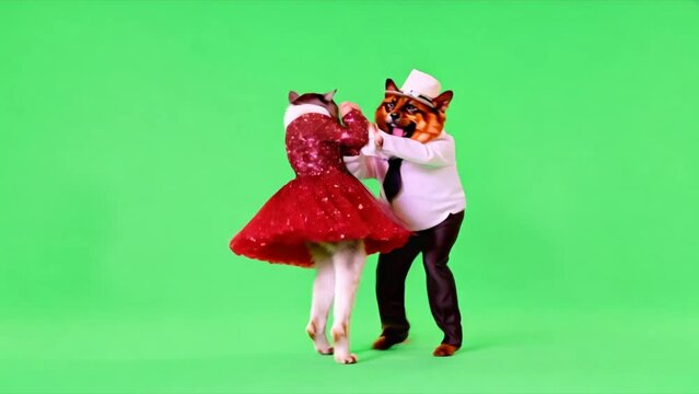 A cat and a dog dance together isolated on a green screen background. Chroma key. 4K