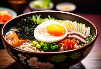 delicious steaming bowl ramen appetizing toppings japanese cuisine restaurant, noodles, broth, egg, pork, sliced, scallions, seaweed, mushrooms, flavorful