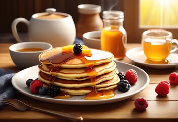 rustic pancakes honey drizzle cozy breakfast setting, fluffy, stack, butter, syrup, delicious, sweet, homemade, morning, meal, tasty, brunch, fresh, comfort