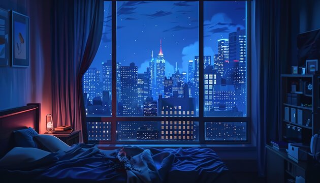 Nighttime View of Cityscape From badroom Apartment, cartoon