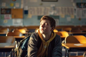 Fototapeta premium teenage boy sitting in a classroom in early morning